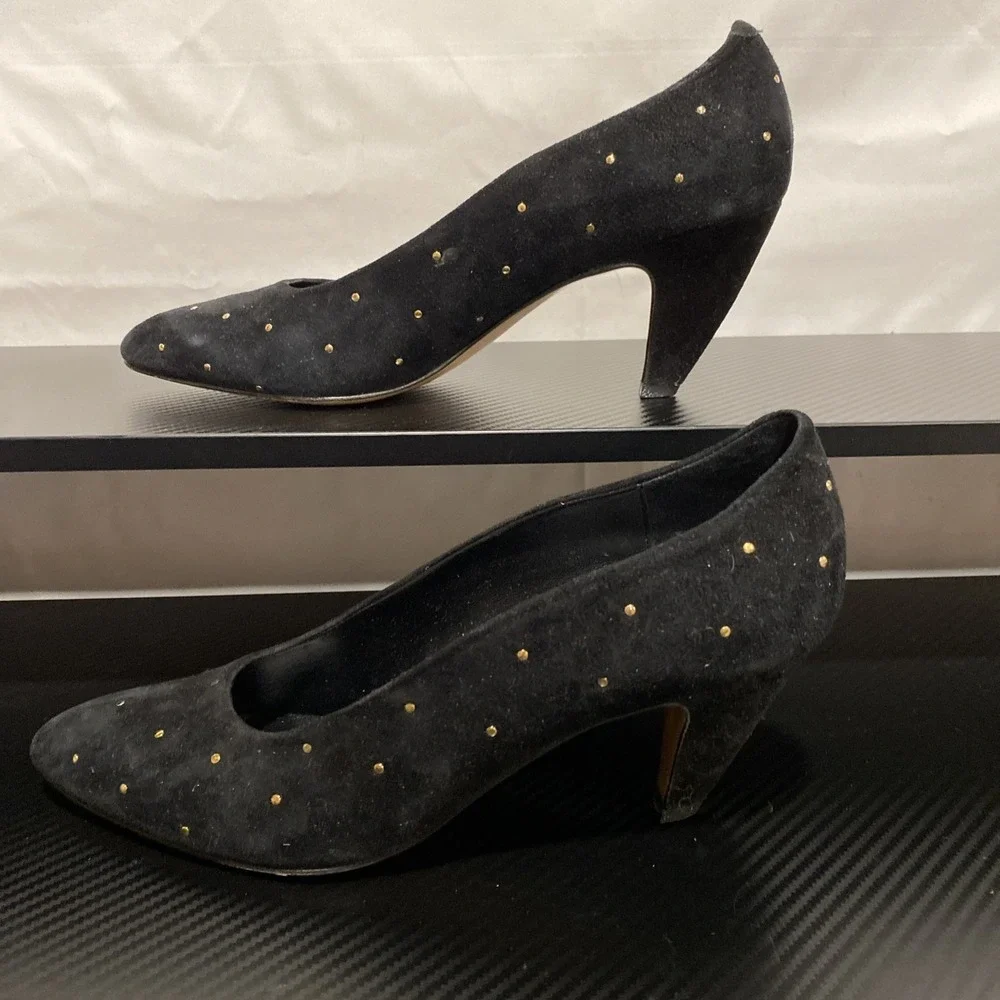 VTG Roberto Vianni For Neiman Marcus Tempo Suede Black Pumps Gold Studded Sz 8.5